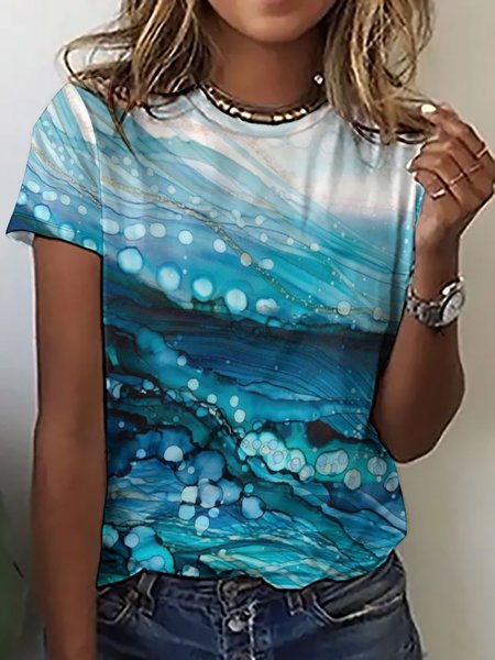 

Women's Crew Neck Abstract Ocean Casual T-Shirt, Blue, T-shirts