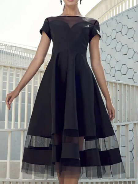 

Plain Boat Neck Elegant Regular Fit Dress, Black, Midi Dresses
