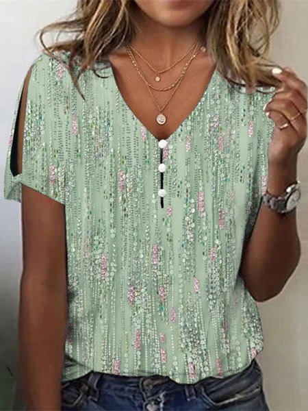 

Women Short Sleeve V-neck Graphic Printed Tops, Green, Shirts & Blouses