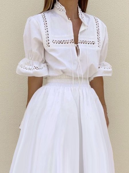 

Loose Stand Collar Plain Half sleeve Blouse, White, Blouses and Shirts