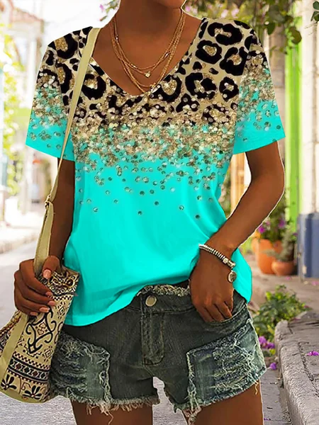 

Jersey Leopard Casual V Neck T-Shirt, Mint, T-shirts