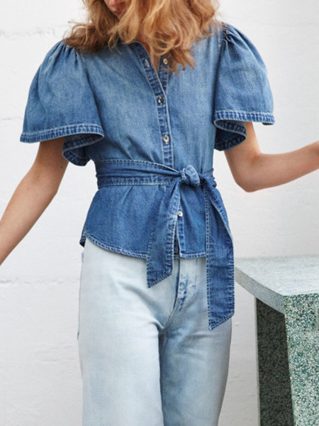 

Loose Urban Shirt Collar Short sleeve Blouse, Denim blue, Blouses and Shirts
