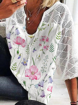 

Floral Linen Loose V Neck Shirt, White, Shirts & Blouses