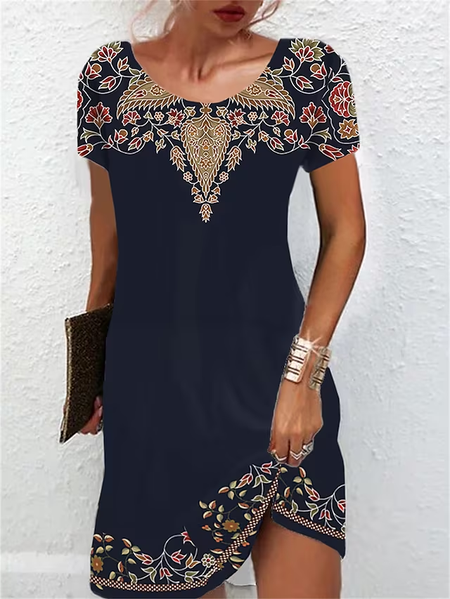 

Crew Neck Ethnic Loose Boho Dress, Navy blue, Dresses