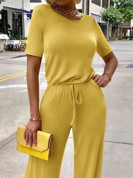 

High Elasticity Crew Neck Short sleeve Urban Loose Shirt, Yellow, Blouses and Shirts