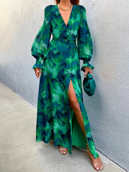 

V Neck Floral Regular Fit Vacation Maxi Dress, Green, Maxi Dresses