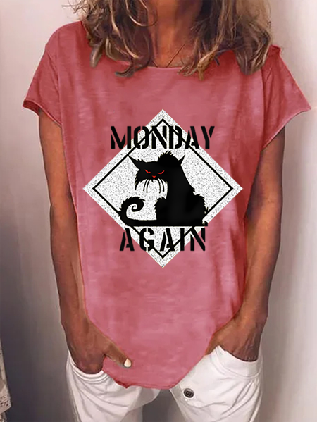 

Women’s Monday Again Cat Casual Crew Neck T-Shirt, Pink, T-shirts