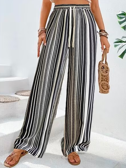 

Geometric Loose Vacation Pants, Black-white, Pants