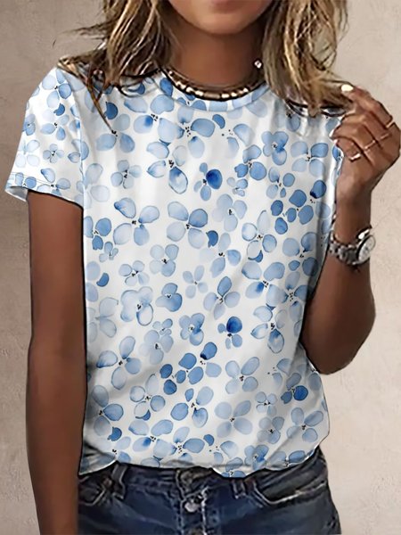 

Women's Fresh Floral Print Crew Neck Casual T-Shirt, Blue, T-shirts