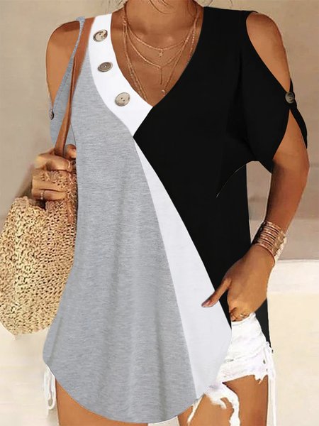 

Casual Color Block Buckle Loose Shirt, Black, Shirts & Blouses