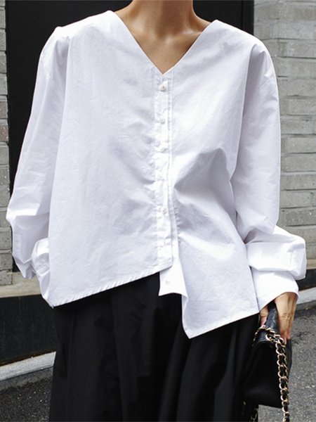 

Long sleeve Urban Plain V Neck Regular Fit Blouse, White, Blouses and Shirts