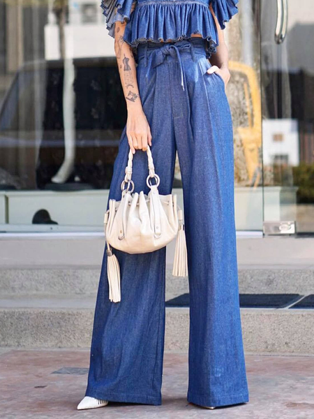 

Loose Lightweight Plain Urban High Waist Long Jeans Straight pants, Denim blue, Jeans