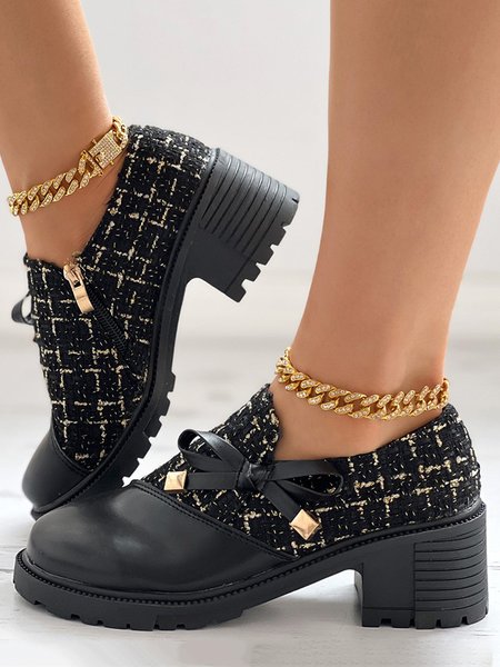 

Bowknot Decor Tweed Patch Chunky Heel Shoes, Black, Heels
