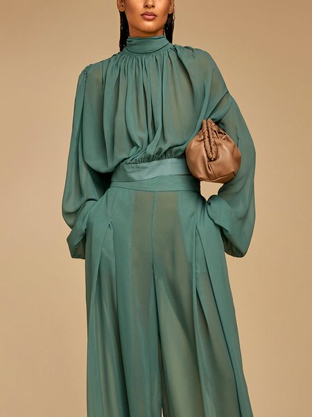 

Stand Collar Urban Plain Loose Shirt, Green, Blouses and Shirts