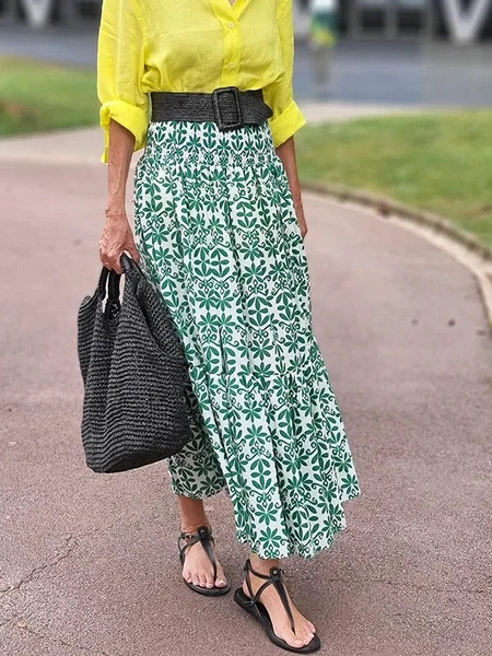 

Loose Lightweight Vacation Floral Midi Skirt, Green, Skirts