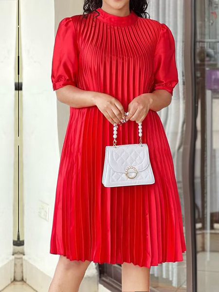 

Loose Plain Crew Neck Short sleeve Elegant Skirt Dress, Red, Mini Dresses
