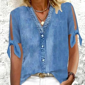

Plain Urban Loose V Neck Shirt, Blue, Shirts & Blouses