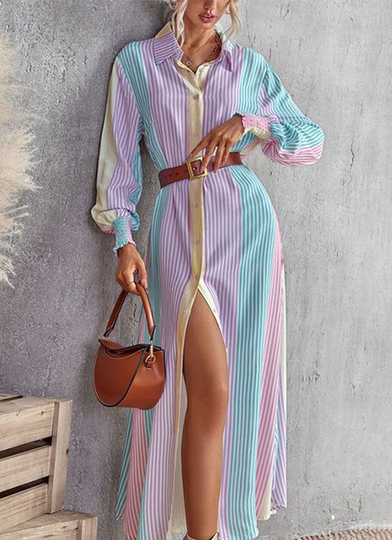 

Casual Shirt Collar Regular Fit Striped Dress, As picture, Maxi Dresses