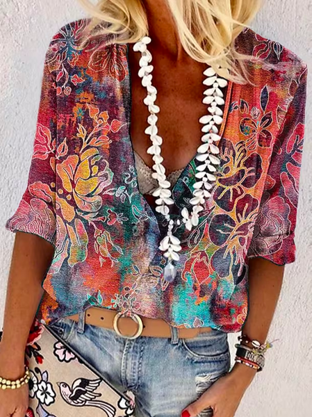 

V Neck Floral Vacation Loose Shirt, Pink, Shirts & Blouses