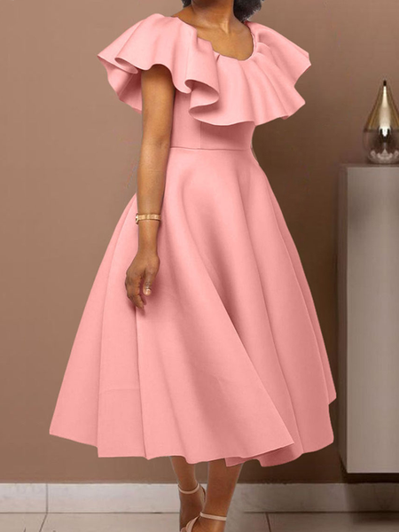 

Regular Fit Elegant Crew Neck Cap sleeve Midi Dress, Pink, Midi Dresses