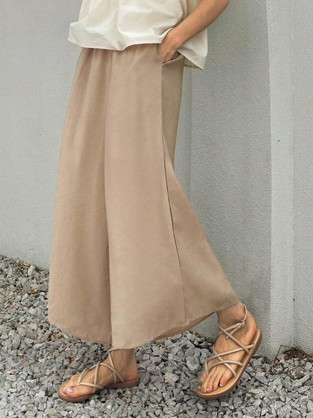 

Plain Loose Casual Solid Wide Leg Elastic Band Pants, Khaki, Pants