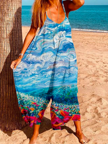 

Vacation Floral Spaghetti Loose Jumpsuit, Blue, Jumpsuits＆Rompers