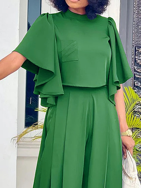 

Stand Collar Regular Fit Short sleeve Crop Urban Plain Shirt, Green, Blouses and Shirts