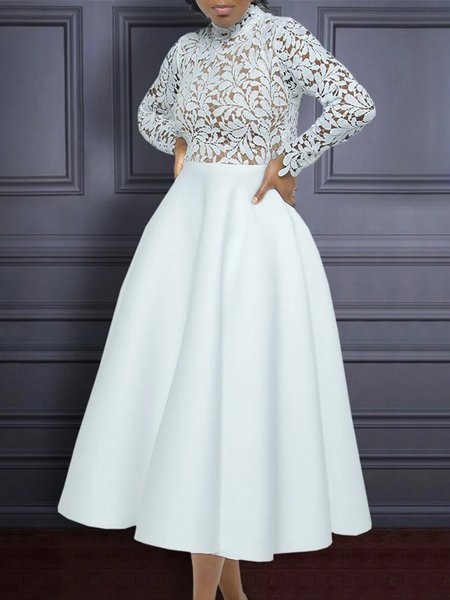 

Stand Collar Elegant Regular Fit Plain Dress, White, Midi Dresses