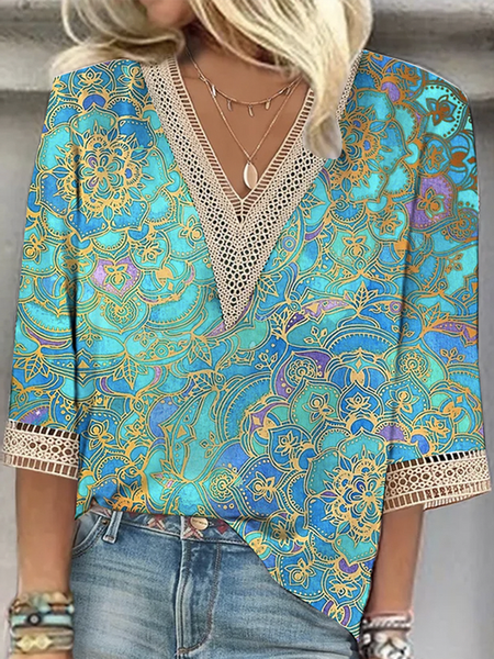 

Casual V Neck Loose Ethnic Lace Shirt, Green, Shirts & Blouses