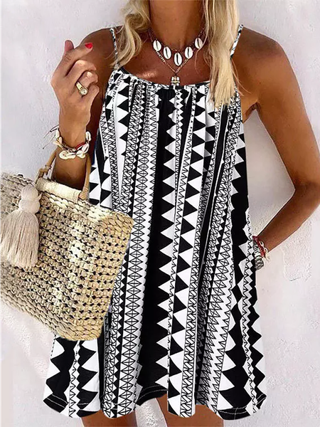 

Vintage Spaghetti Geometric Dress, Black-white, Dresses
