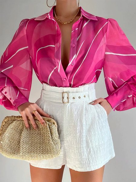 

Vacation Abstract Shirt Collar Loose Blouse, Pink, Blouses and Shirts