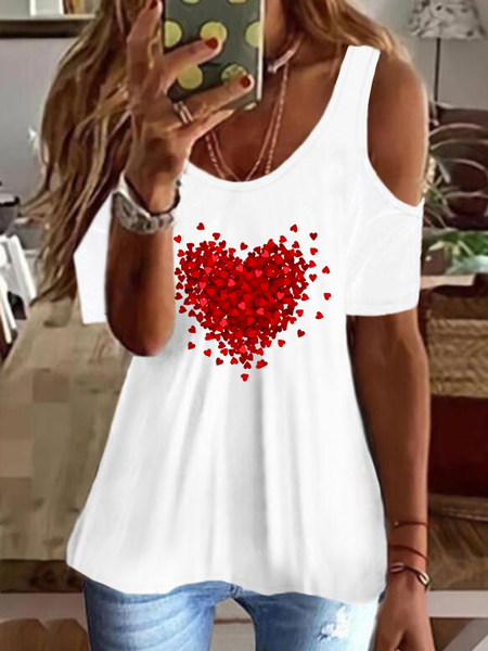

Women's Loose Cotton-Blend Casual Heart Solid Drop Shoulder T-Shirt, White, T-shirts