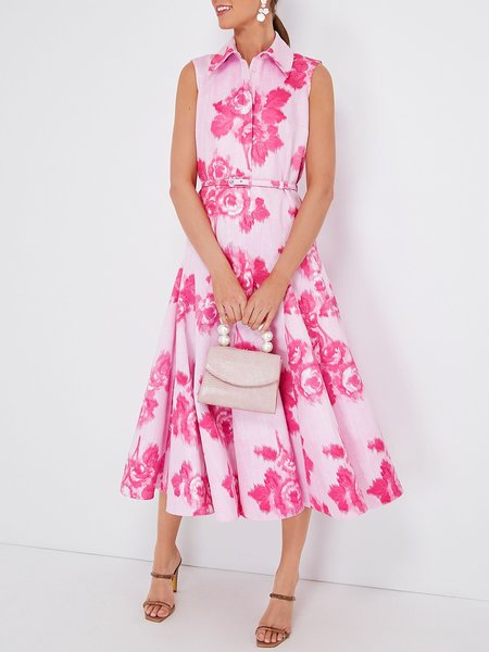 

Shirt Collar Elegant Floral Print Sleeveless Shirt Dress, Pink, Midi Dresses
