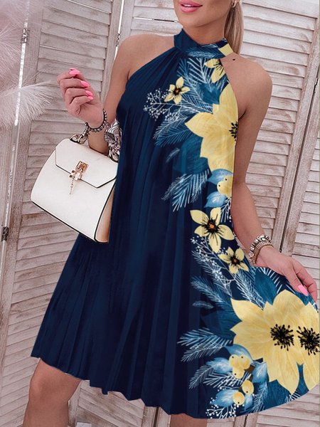 Pleated Floral Print Vacation Loose Halter Dress, Blue, Mini Dresses