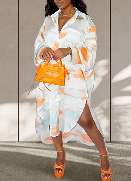 

Elegant Shirt Collar Abstract Loose Dress, As picture, Midi Dresses