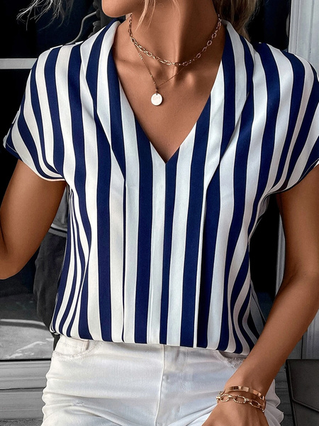 

Plus Size Striped Loose Casual V Neck Shirt, Stripe-blue, Shirts & Blouses