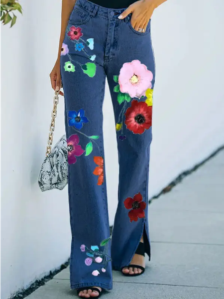 

Denim Casual Floral Jeans, Blue, Jeans