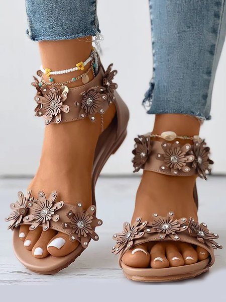 

Casual Bohemian Appliquéd Sandals, Apricot, Sandals