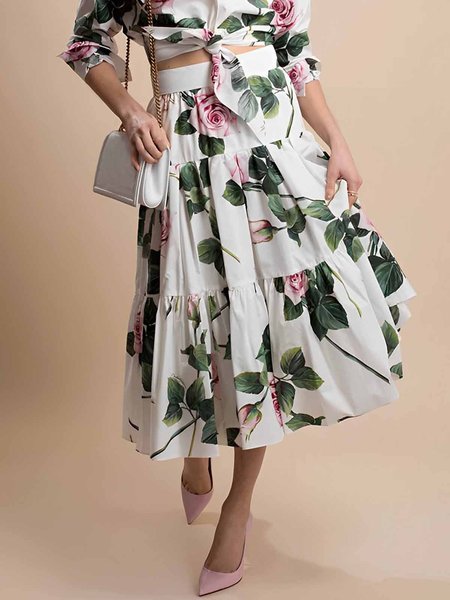 

Floral Vacation High Waist A-Line Skirt, White, Skirts