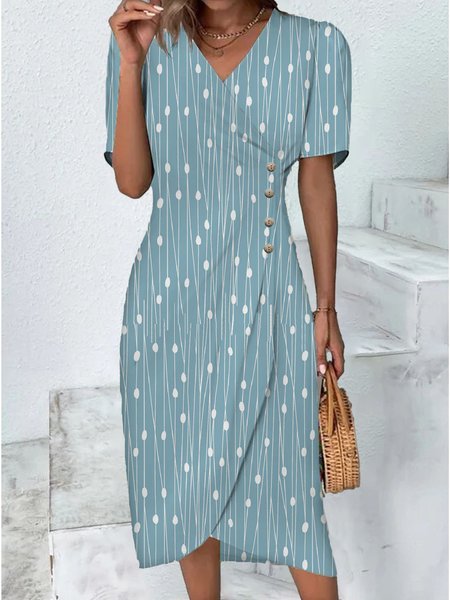

woman classic elegance Regular Fit Cotton Elegant V Neck Dress, Aqua blue, Dresses