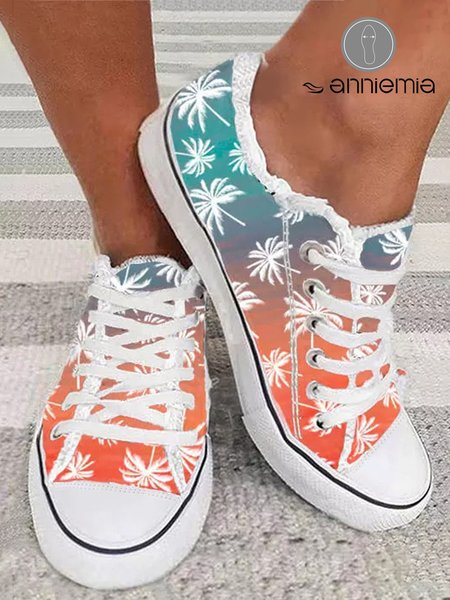 

Coconut Tree Printed Ombre Frayed Raw Hem Canvas Shoes, Orange, Sneakers