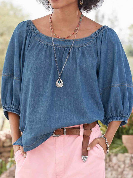 

Crew Neck Loose Casual Shirt, Blue, Shirts & Blouses