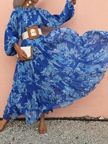 

Loose Lightweight Crew Neck Long sleeve Vacation Long Dress, Blue, Maxi Dresses