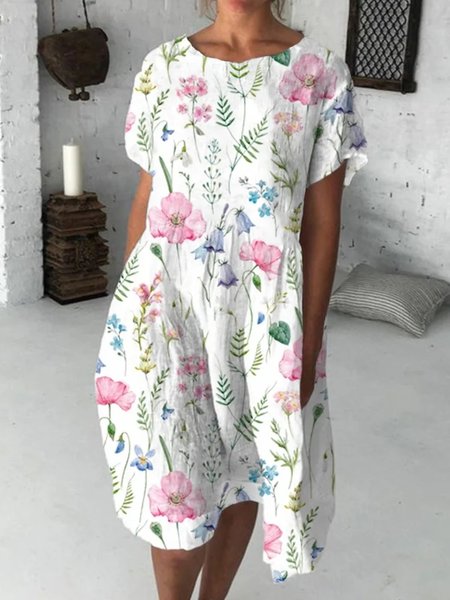 

Floral Linen Loose Crew Neck Dress, White, Dresses