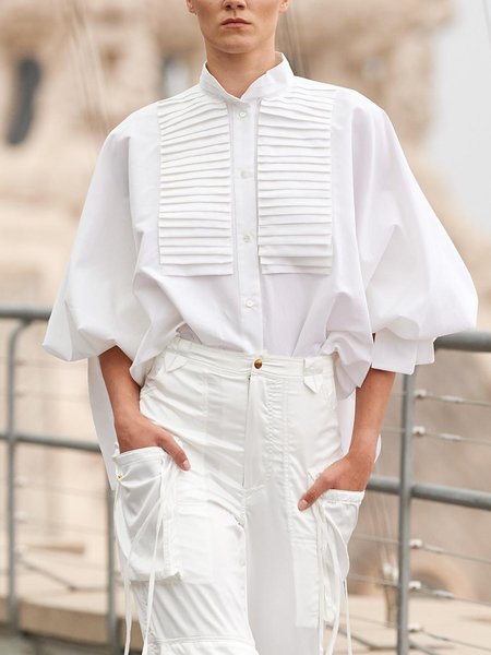 

Stand Collar Plain Loose Urban Blouse, White, Blouses and Shirts