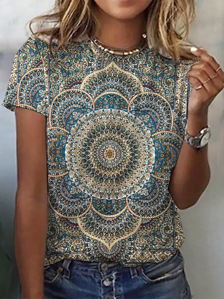 

Casual Loose Knitted Ethnic T-Shirt, Brown, T-Shirts