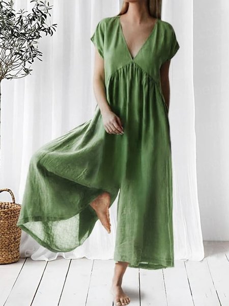 

Ruched V Neck Cotton Jumpsuit, Green, Jumpsuits & Rompers