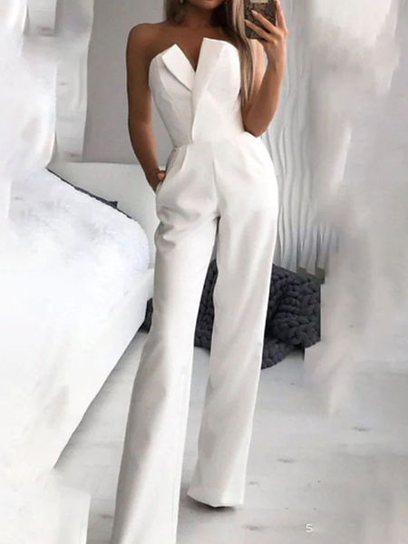 

Women's Jumpsuit Wedding High Waist Solid Color Strapless Streetwear Street Going out Regular Fit Sleeveless Red White Summer, Jumpsuits＆Rompers