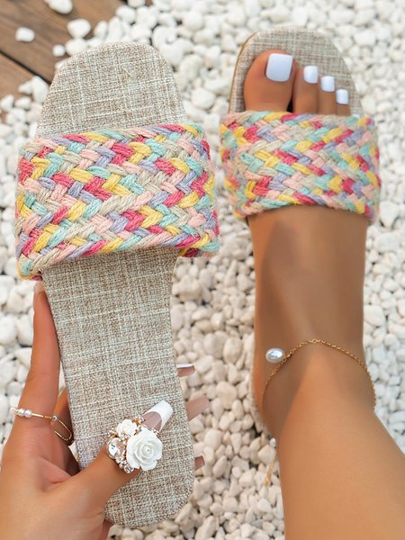 

Multicolor Braided Linen Wide Strap Slippers, Sandals