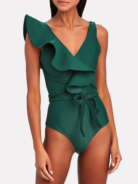 

Elegant V Neck Flouncing Plain One-Piece, Green, One-Pieces